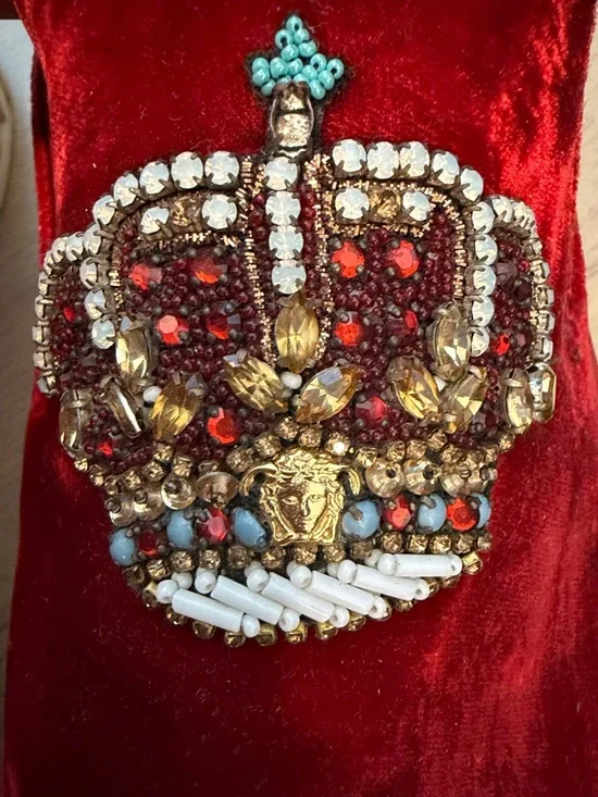 Versace Red Velvet Slip-On Loafers with Embellished Crown - Picture 2 of 9